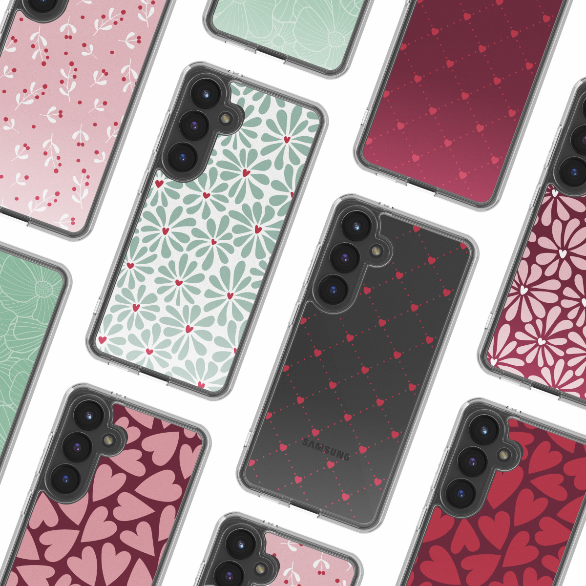 Verschillende telefoonhoesjes met diverse ontwerpen: bloemen, harten en patronen. Hoesjes hebben een doorzichtige rand en staan op een witte achtergrond.