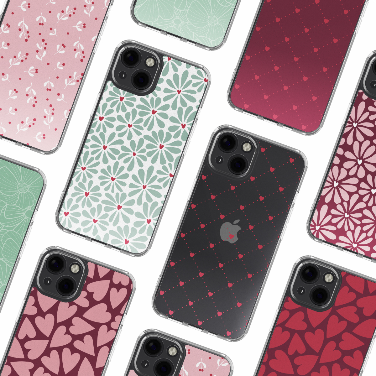 Collezione di custodie per telefoni con vari motivi, tra cui fiori, cuori e pois. Le custodie sono rosa, verdi, rosse e nere.