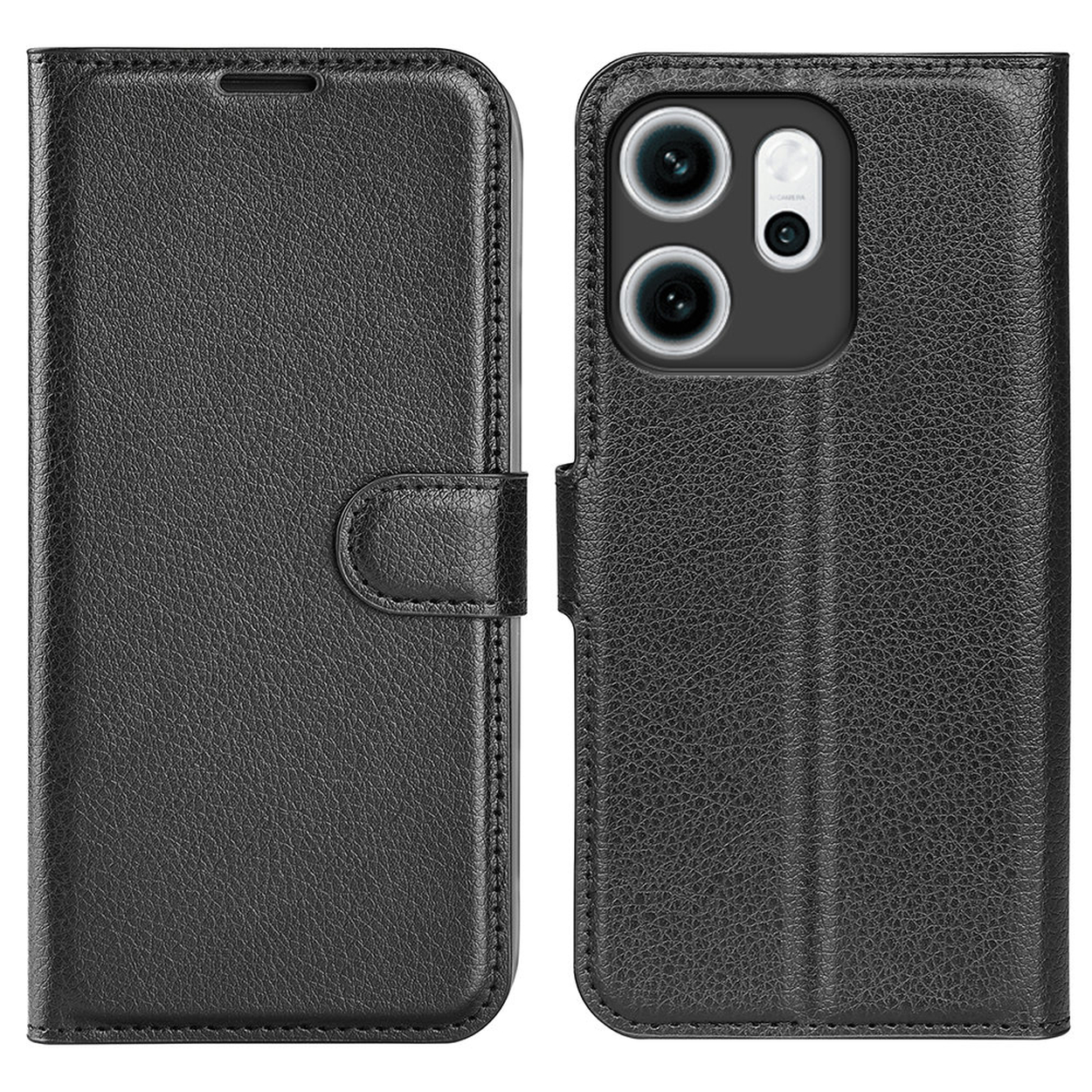 Zwarte leren telefoonhoes, open. Voorzien van een klepsluiting en camera-uitsparingen. Zichtbare textuur en stiksels.