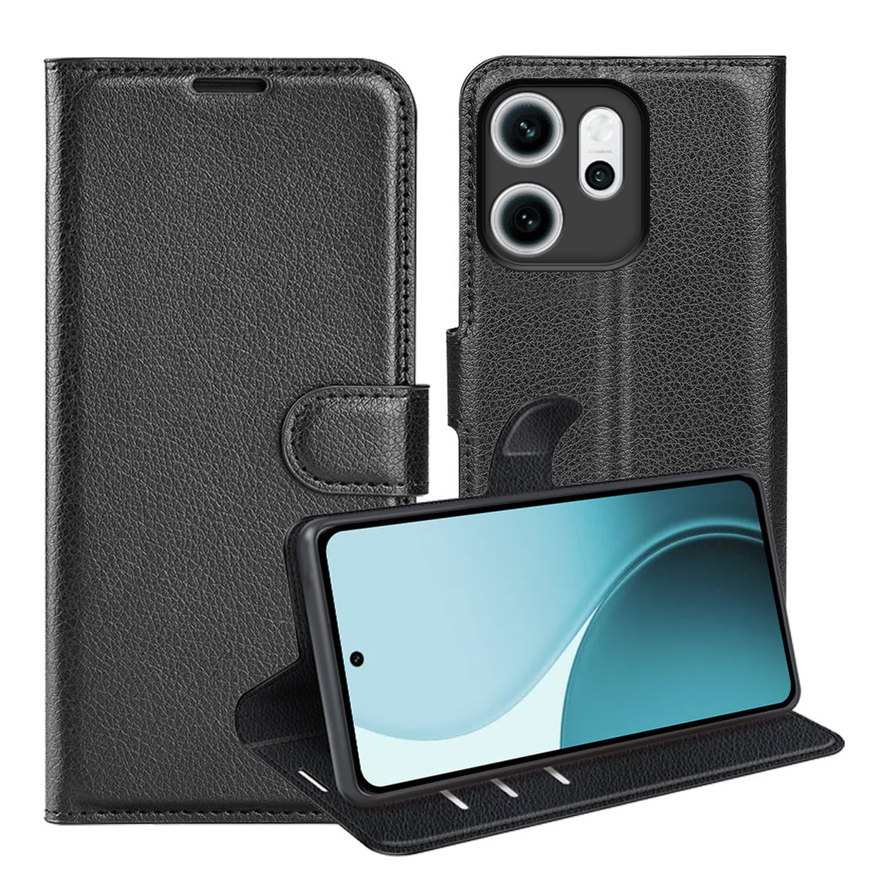 Een zwarte leren telefoonhoes met klep en magnetische sluiting. De telefoon zit in de hoes en het scherm is zichtbaar.