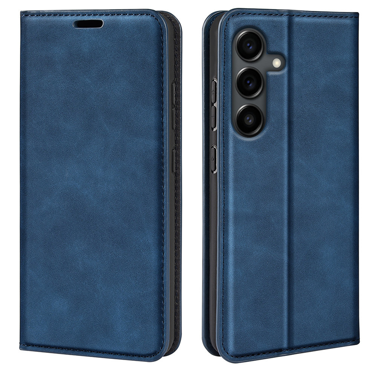 Un étui de téléphone bleu, ouvert et fermé. L'étui ouvert révèle un téléphone avec trois caméras. Les deux côtés ont une texture simili cuir.