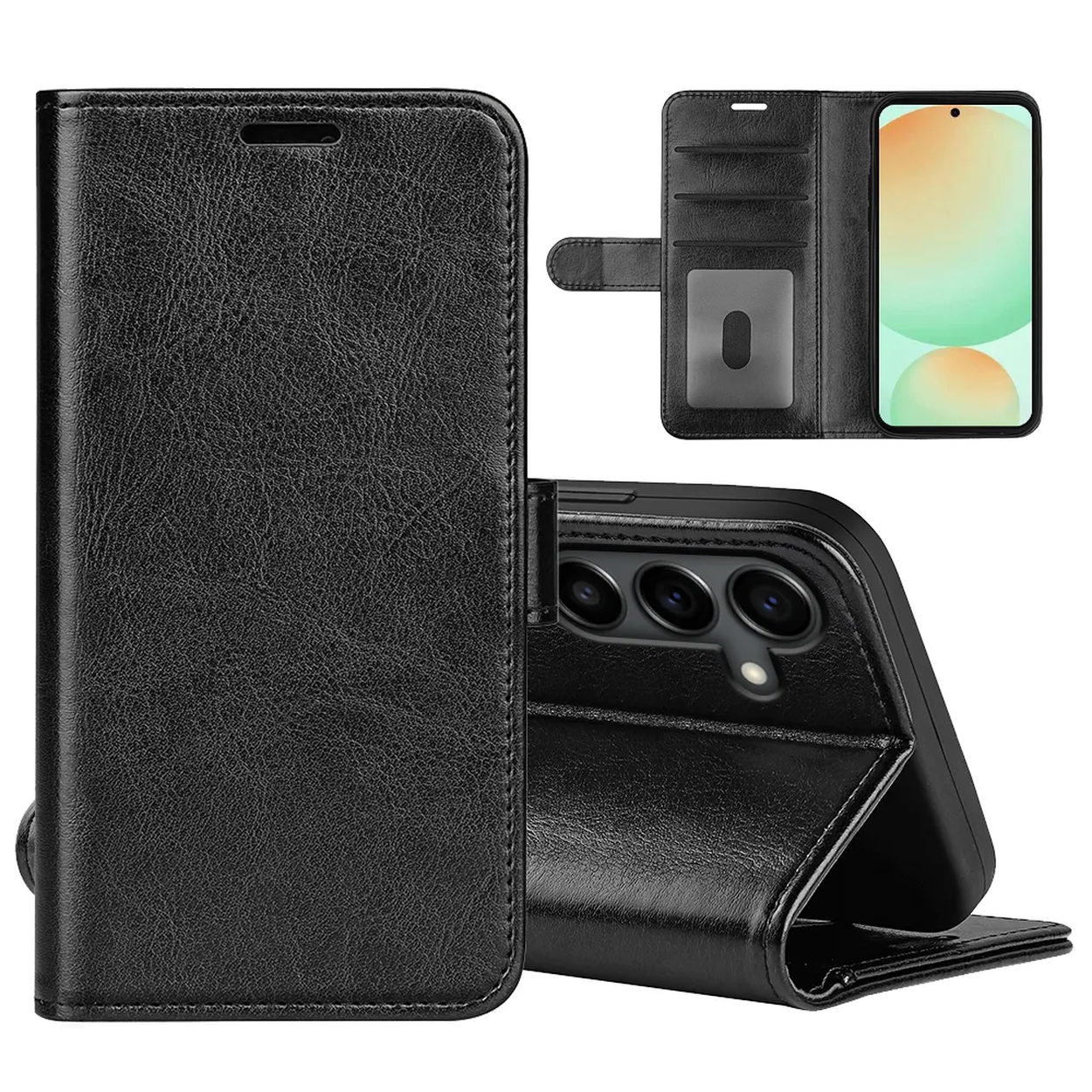 Étui de téléphone en cuir noir ouvert. Le téléphone affiche un écran vert clair et orange. L'étui possède des fentes pour cartes et une fermeture magnétique.