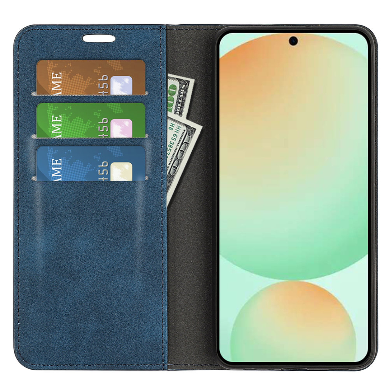 Étui de téléphone bleu ouvert. À l'intérieur, trois cartes et un billet. À droite, un téléphone avec un écran dégradé orange et vert.