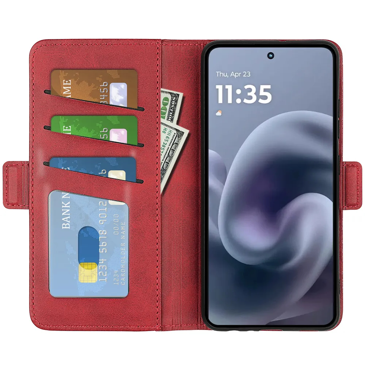 Rode telefoonhoes met kaarten, geld en een telefoon die de datum en tijd weergeeft. De hoes is open.