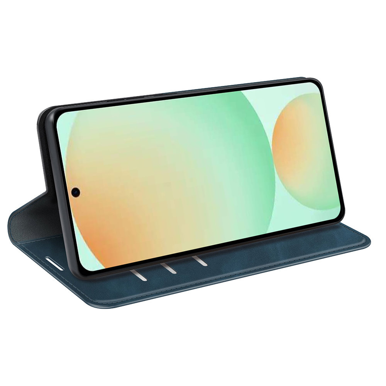 Un smartphone dans un étui bleu est affiché. L'écran montre un fond dégradé. L'étui est ouvert, soutenant le téléphone.