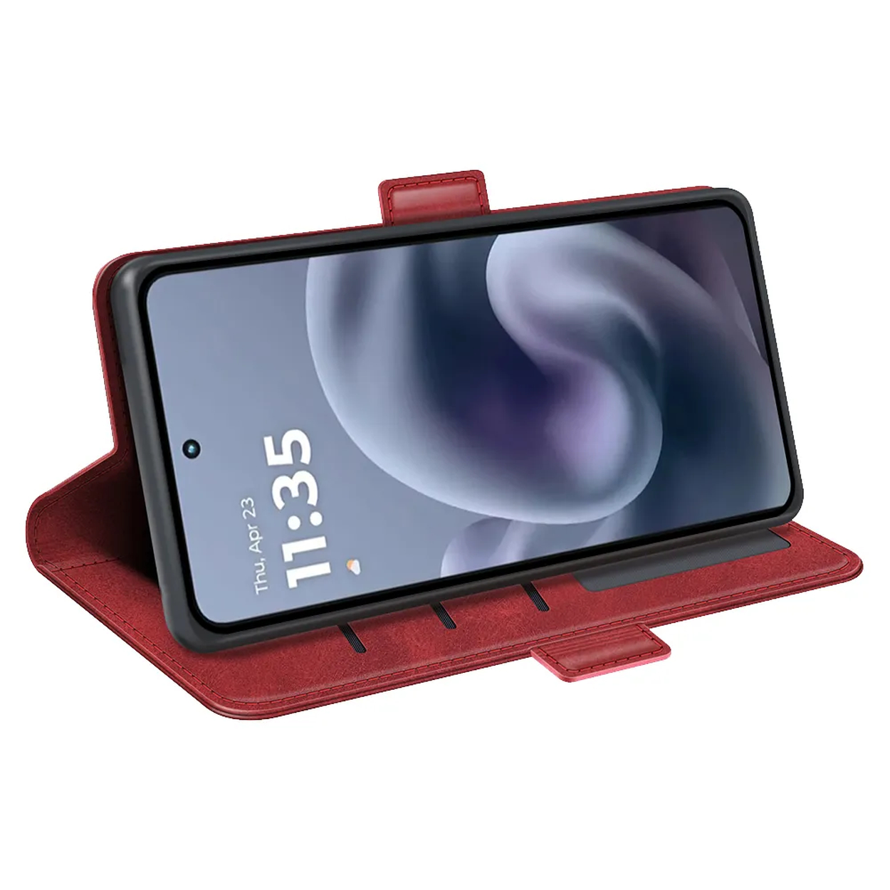 Een rode telefoonhoes met een telefoon erin, met de tijd 11:35. De hoes is open, met de telefoon iets schuin.