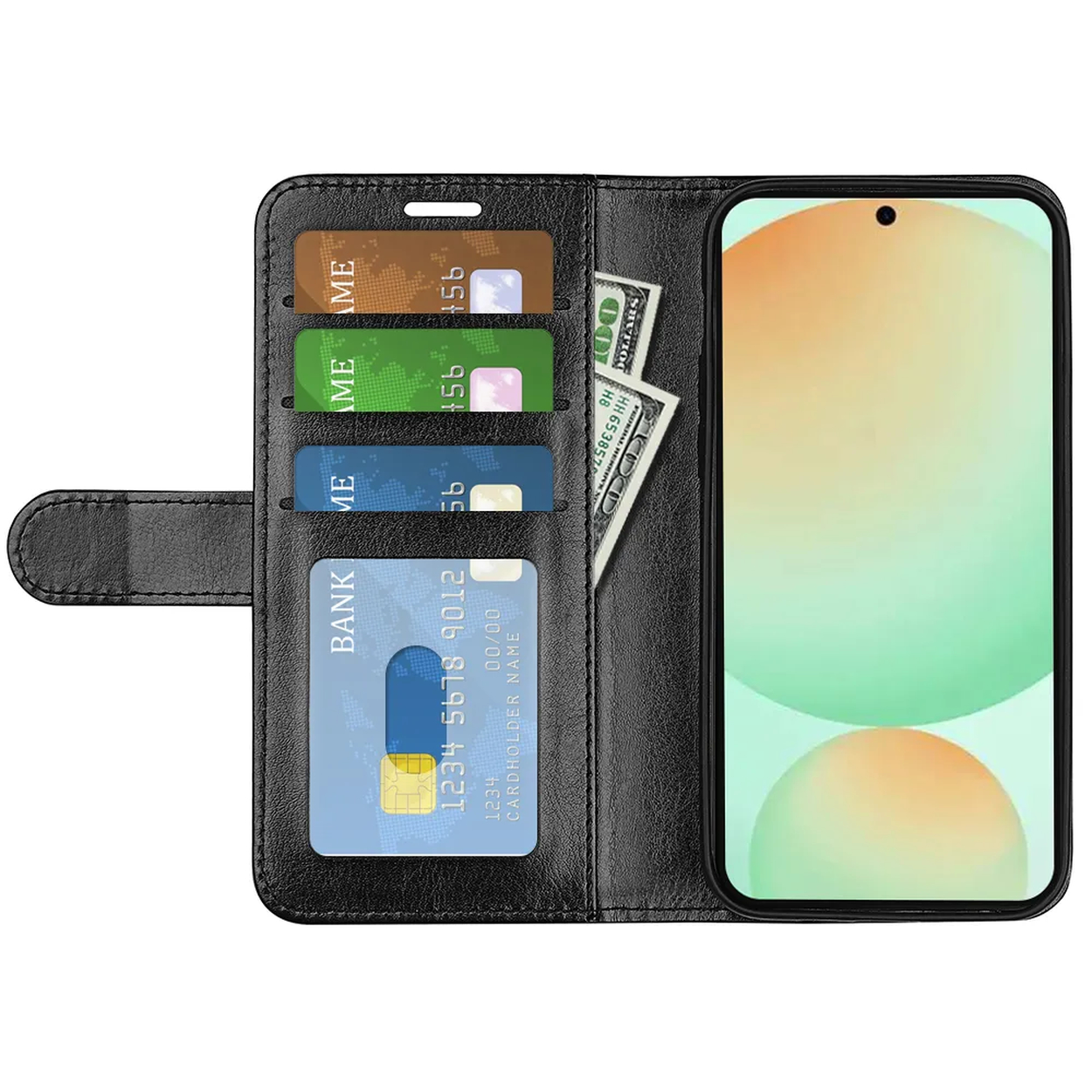 Un étui de téléphone noir avec un smartphone, des cartes de crédit et des billets de dollars américains. L'écran du téléphone affiche un dégradé orange et vert.