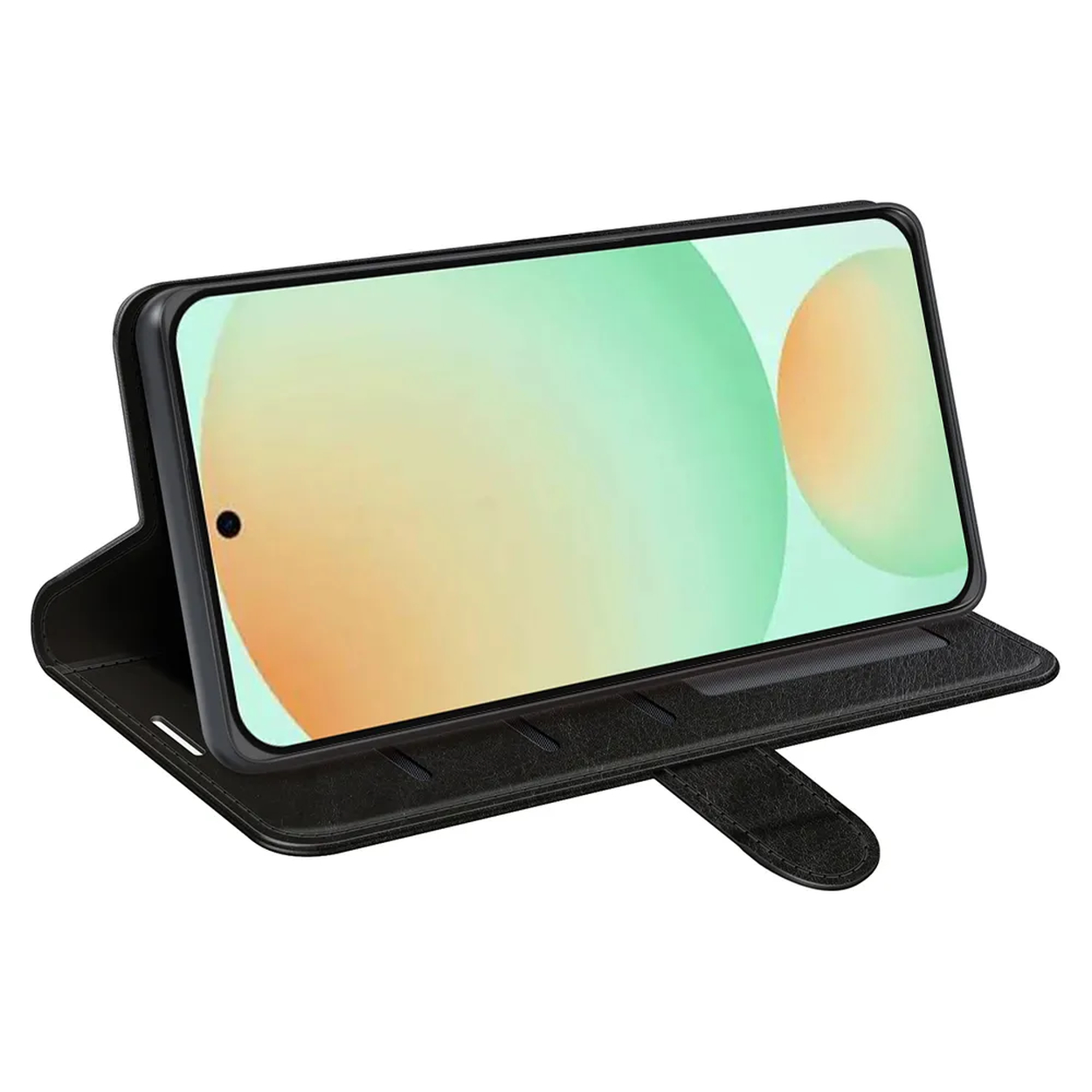 Un smartphone noir dans un étui noir, affichant un fond dégradé vert et orange. L'étui est ouvert et repose sur une surface blanche.