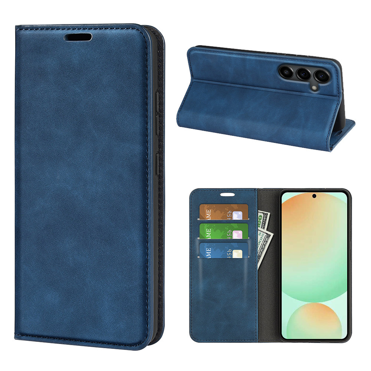 Un étui de téléphone en cuir bleu, ouvert pour montrer le téléphone, des fentes pour cartes de crédit et de l'argent. Le téléphone est maintenu.