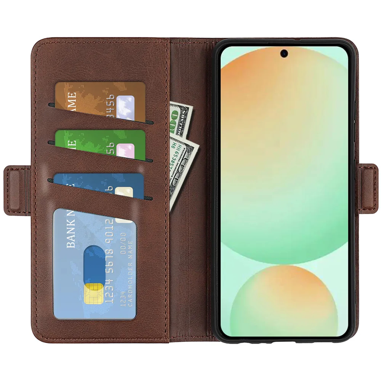 Een bruine telefoonhoes met creditcards en contant geld. Rechts een smartphone. De hoes is open en toont de binnenzakken.