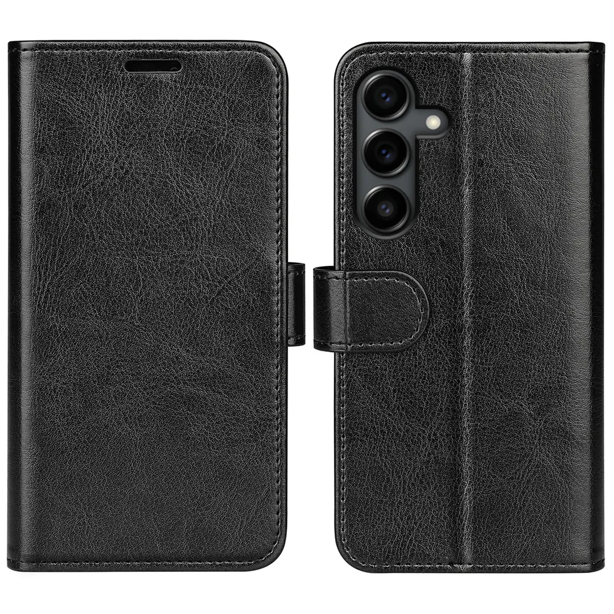 Étui de téléphone en cuir noir, ouvert. Comprend une découpe pour la caméra et une fermeture magnétique.