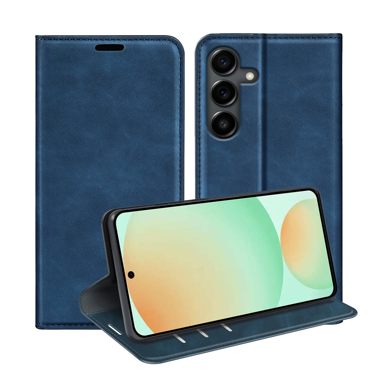 Un étui de téléphone bleu avec un téléphone à l'intérieur. Le téléphone a un écran vert clair et blanc, et l'étui est ouvert.