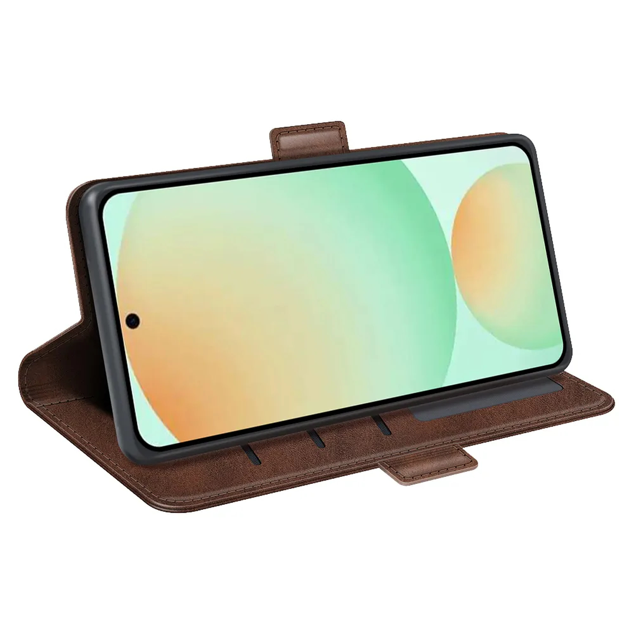Een bruine telefoonhoes met een telefoon erin. Het scherm toont groene en gele bollen. De hoes is open.