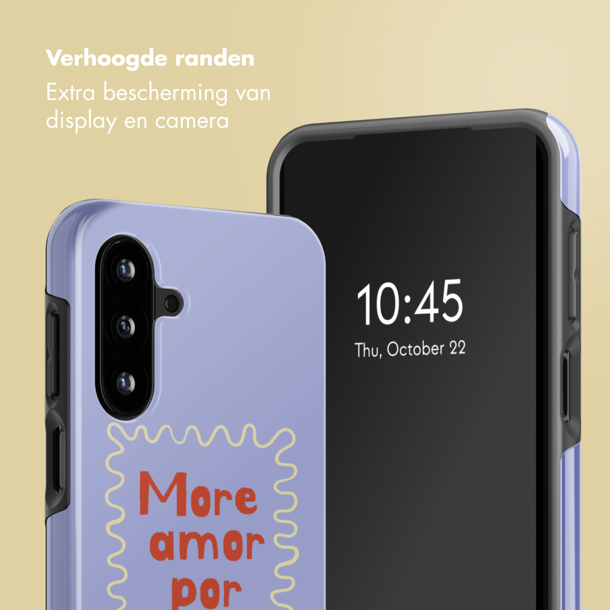 Due telefoni, uno con custodia lilla chiaro e design 'More amor por'. L'altro mostra l'ora 10:45.