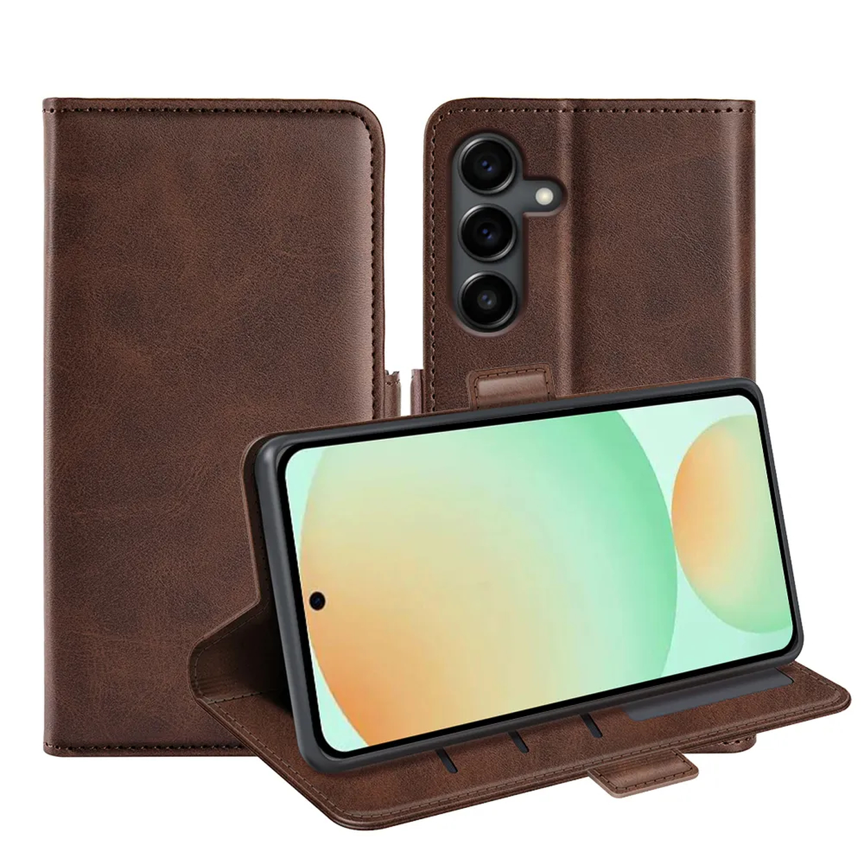 Een bruine telefoonhoes is open en toont een telefoon met een groen en oranje scherm. Twee andere delen van de hoes zitten erachter.