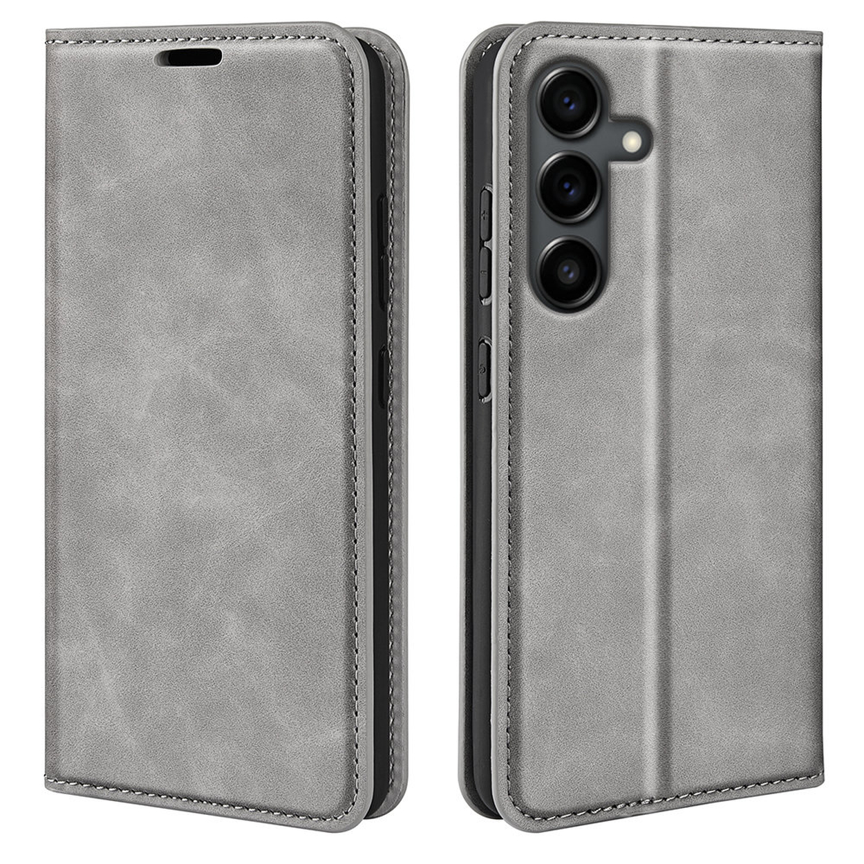 Étui de téléphone en cuir gris, ouvert. L'étui a des coutures sur les bords et une découpe pour l'appareil photo. La caméra du téléphone est visible.