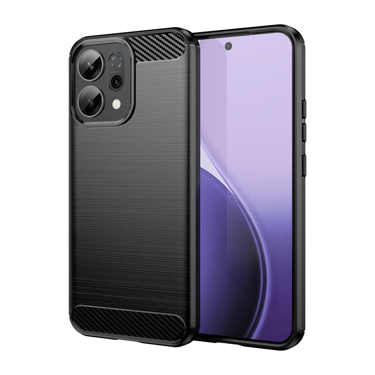 Zwarte telefoonhoes met carbonvezeltextuur, met een smartphone met een paars scherm. De hoes heeft uitsparingen voor camera en knoppen.