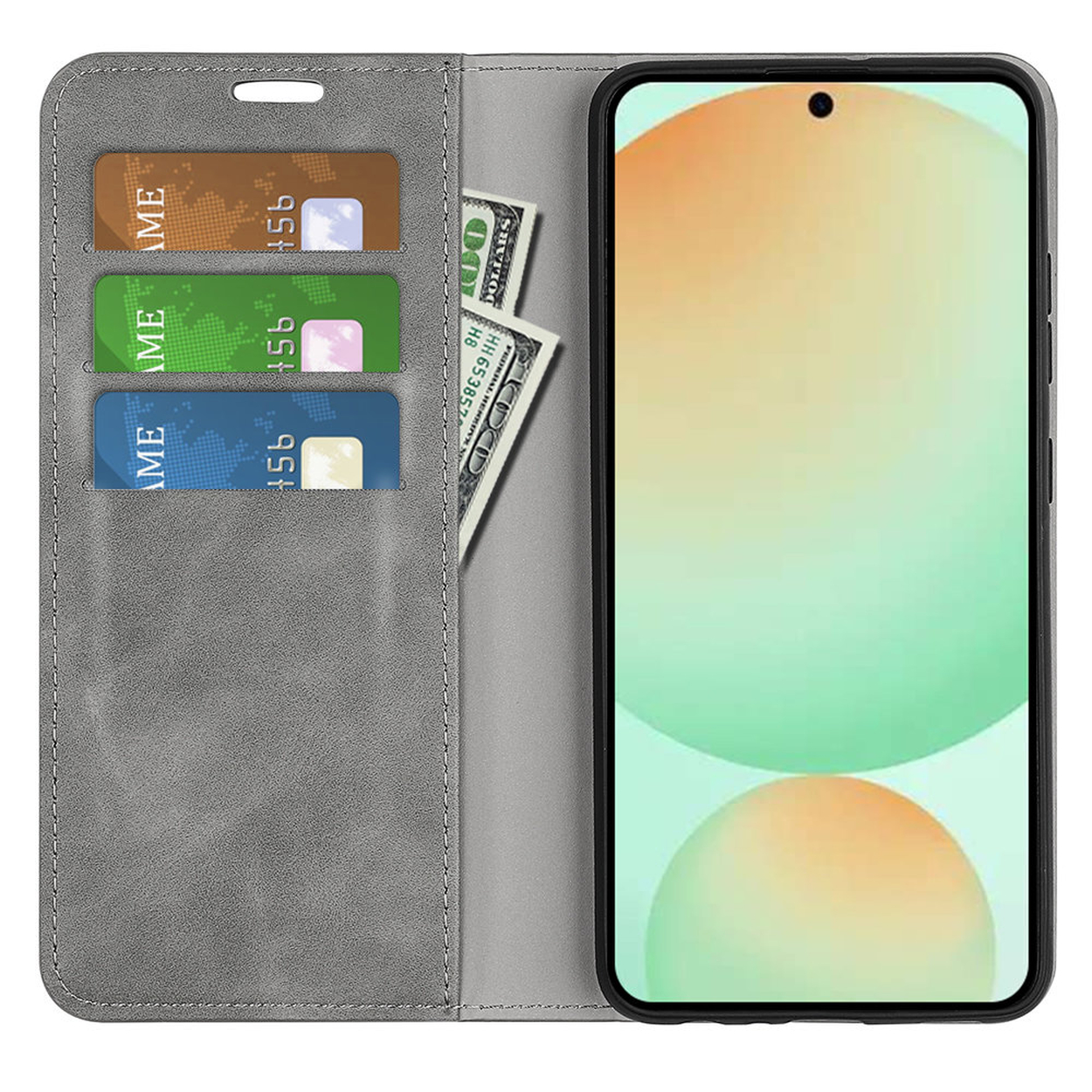 Un étui de téléphone ouvert avec un téléphone, des cartes de crédit et des billets de dollars américains. L'étui est gris. L'écran du téléphone est allumé.