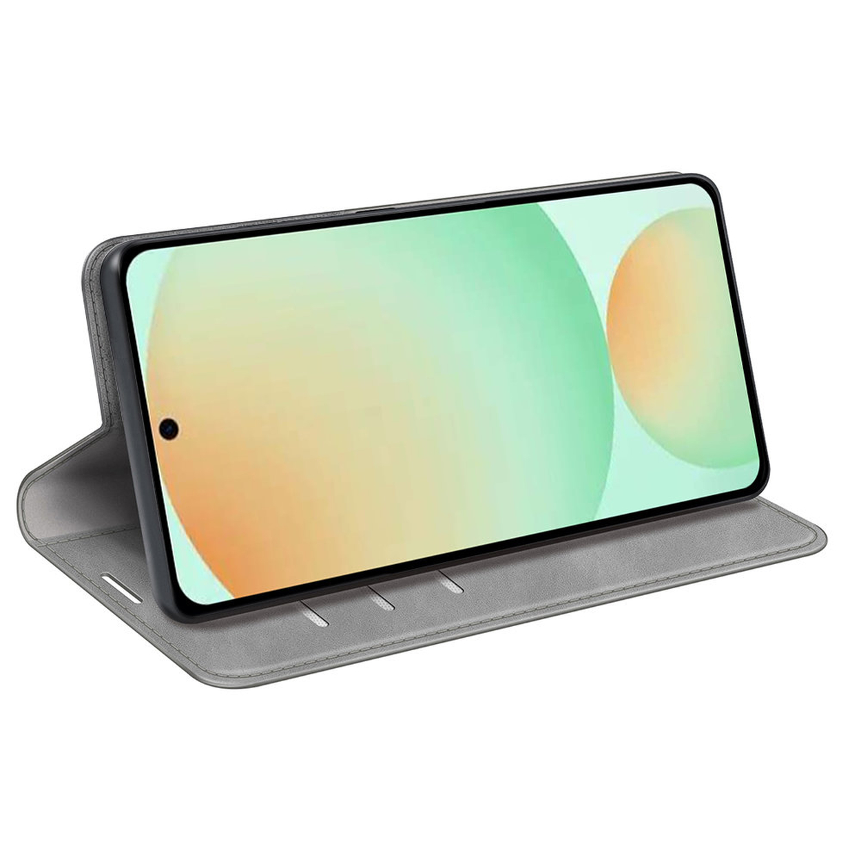 Un smartphone dans un étui gris est soutenu. L'écran affiche un dégradé vert et orange. L'étui est ouvert, montrant l'intérieur.