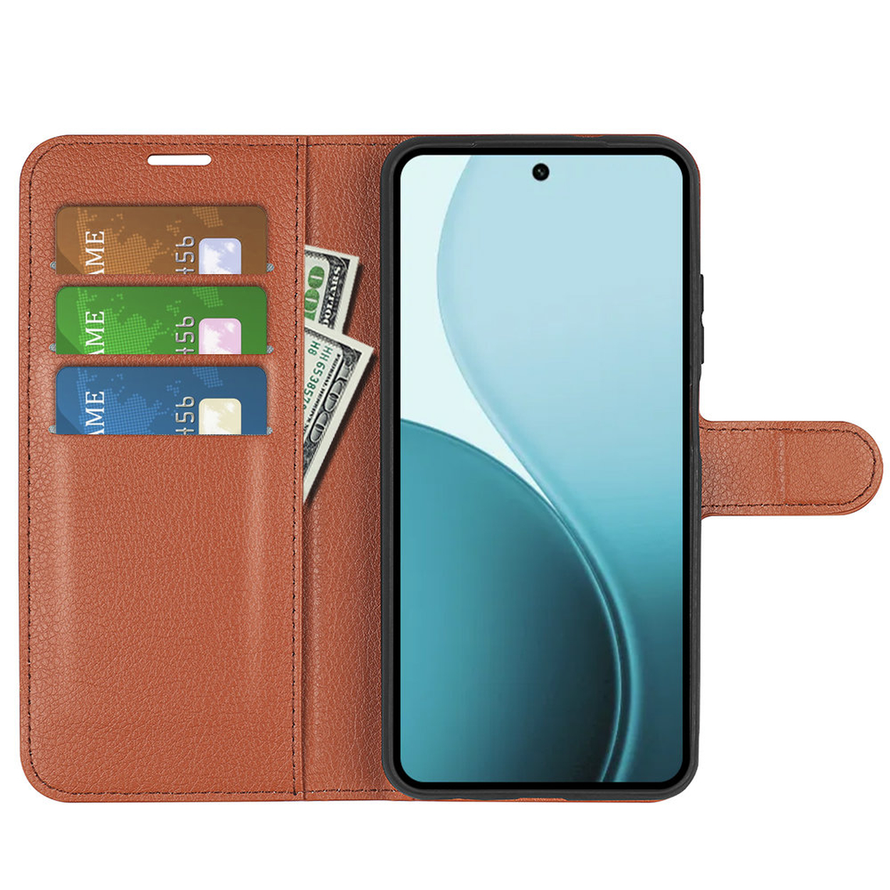 Étui de téléphone en cuir marron avec un smartphone, des cartes de crédit et un billet de cent dollars.