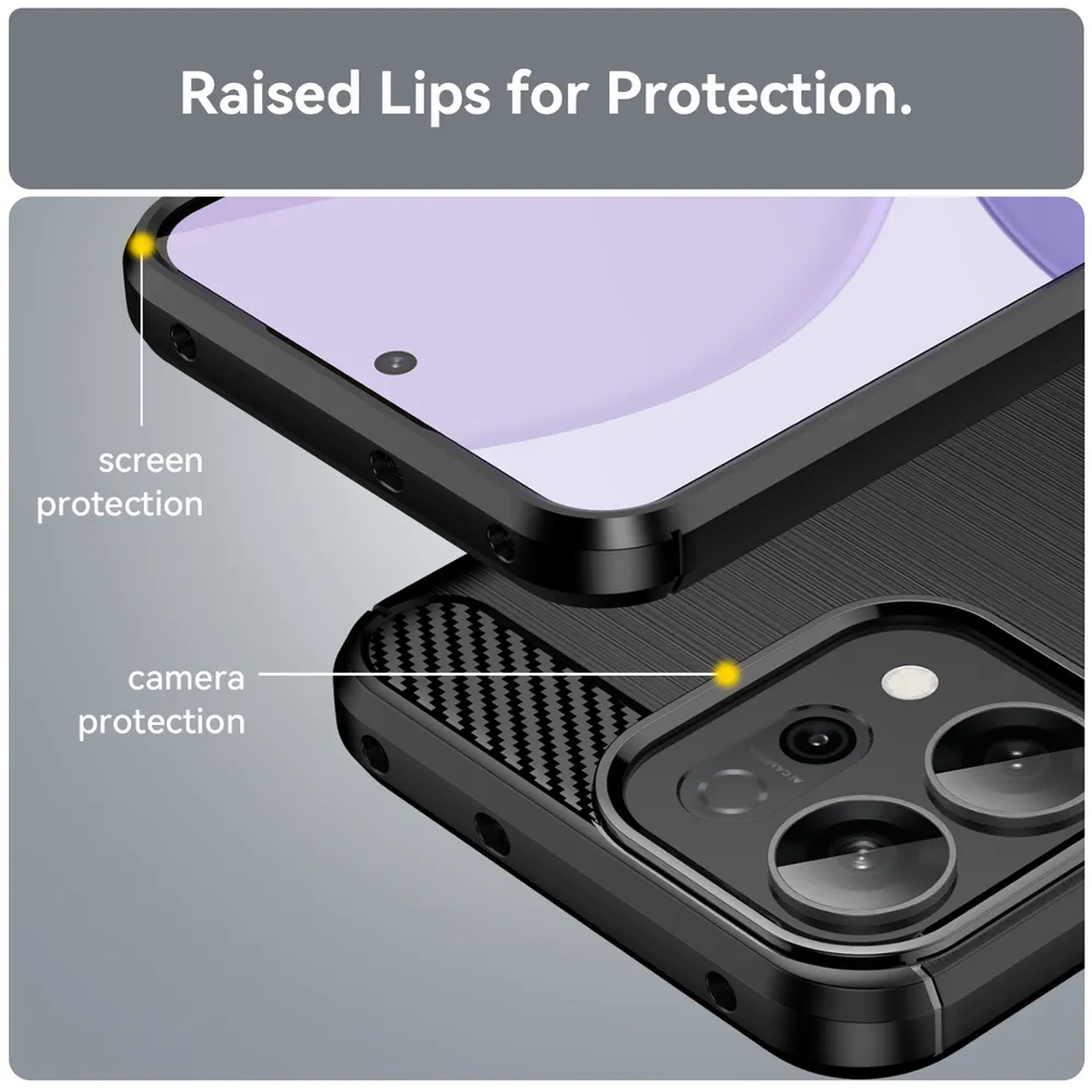 Een zwarte telefoonhoes met verhoogde randen voor scherm- en camerabescherming. De hoes heeft een koolstofvezeldetail en een zwart frame.