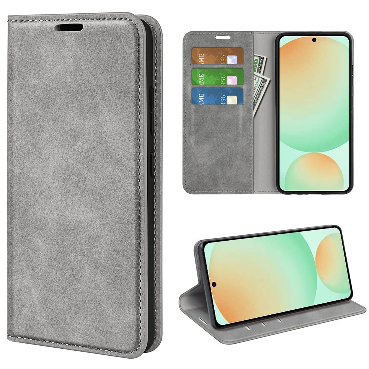 Un étui de téléphone gris avec un téléphone, des cartes de crédit et de l'argent à l'intérieur. Un deuxième téléphone est affiché.