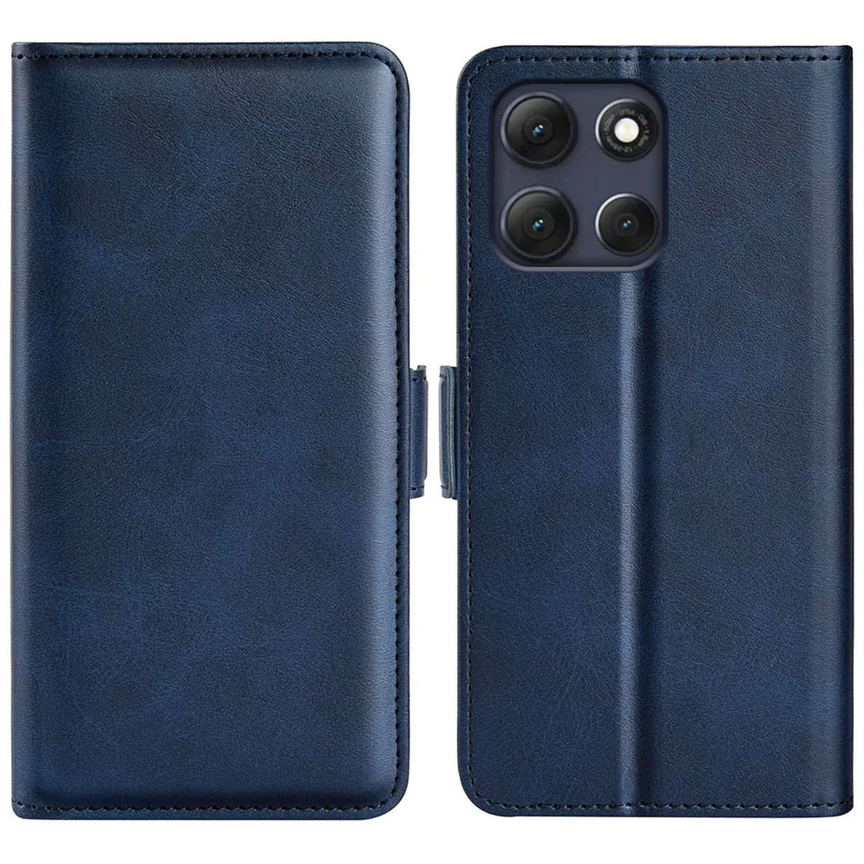 Een donkerblauwe leren telefoonhoes, open. De hoes heeft een magnetische sluiting en een uitsparing voor de camera met vier lenzen.