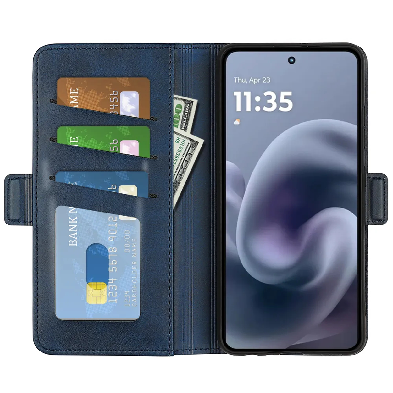 Een blauwe telefoonhoes met een telefoon en kaarten. De telefoon toont een tijd. Kaarten en een dollarbiljet zitten in de kaarthouder.