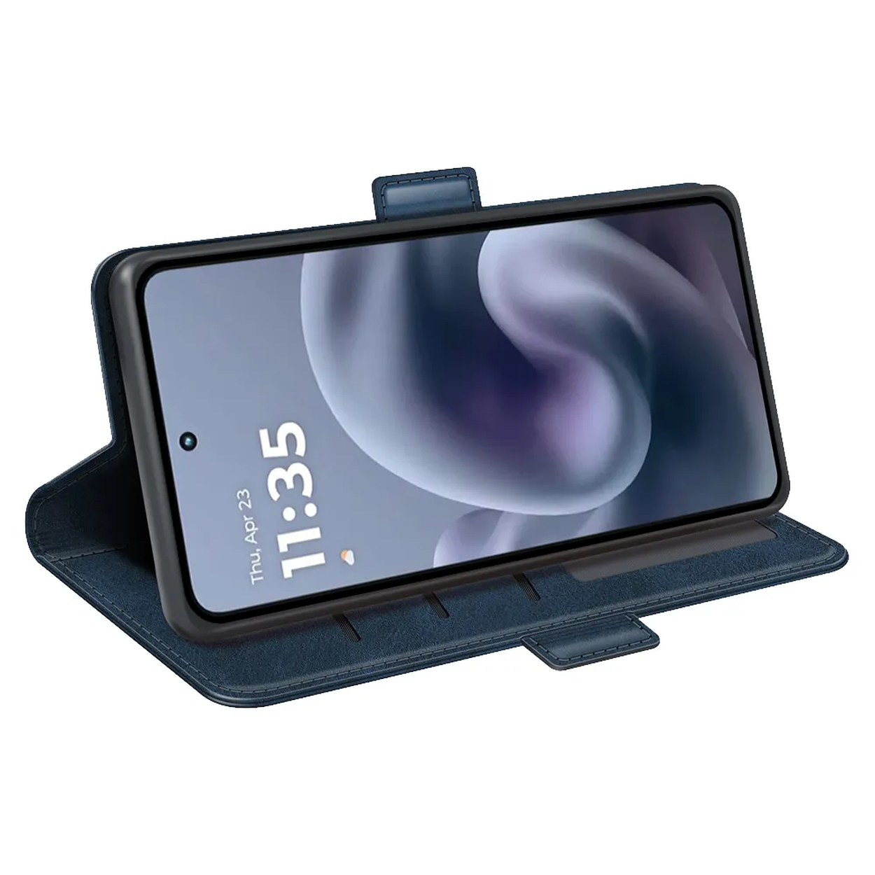 Een smartphone in een blauwe leren hoes. Het scherm toont 11:35 en de datum. De hoes is open en de telefoon staat overeind.