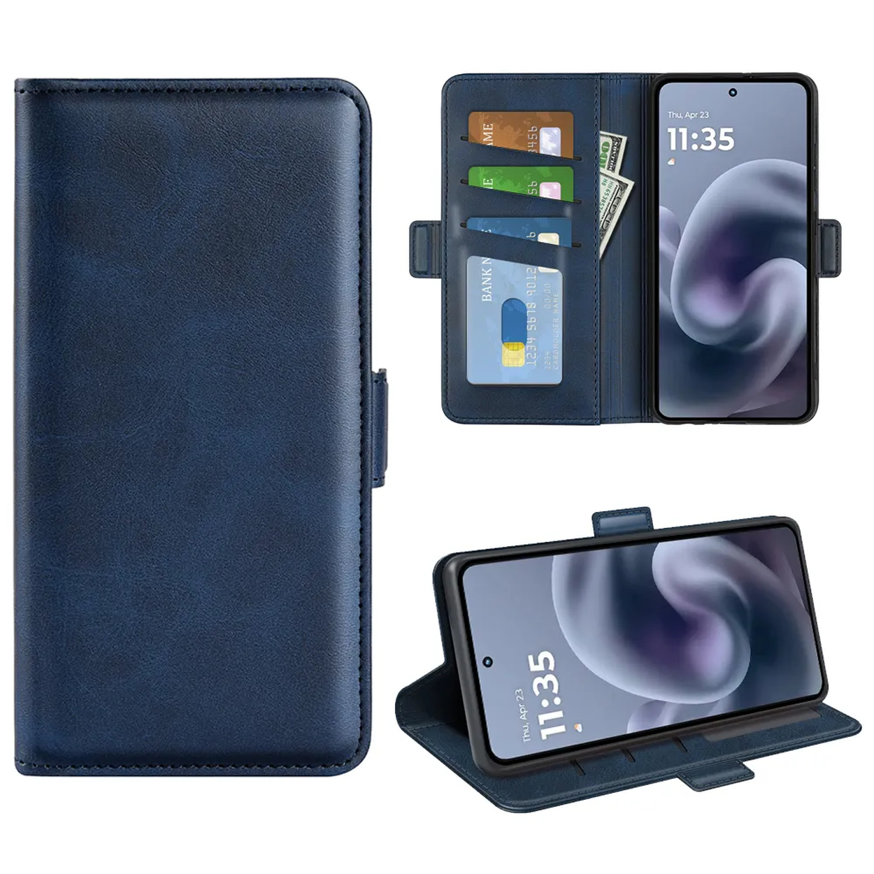 Een blauwe leren telefoonhoes met een telefoon, creditcards en contant geld erin. De telefoon toont de tijd als 11:35.