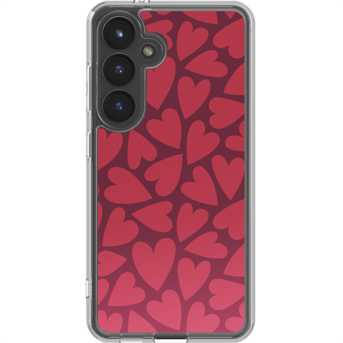 Een telefoonhoesje met een patroon van rode harten op een donkerrode achtergrond. De hoes heeft een transparante rand en een cameramodule.