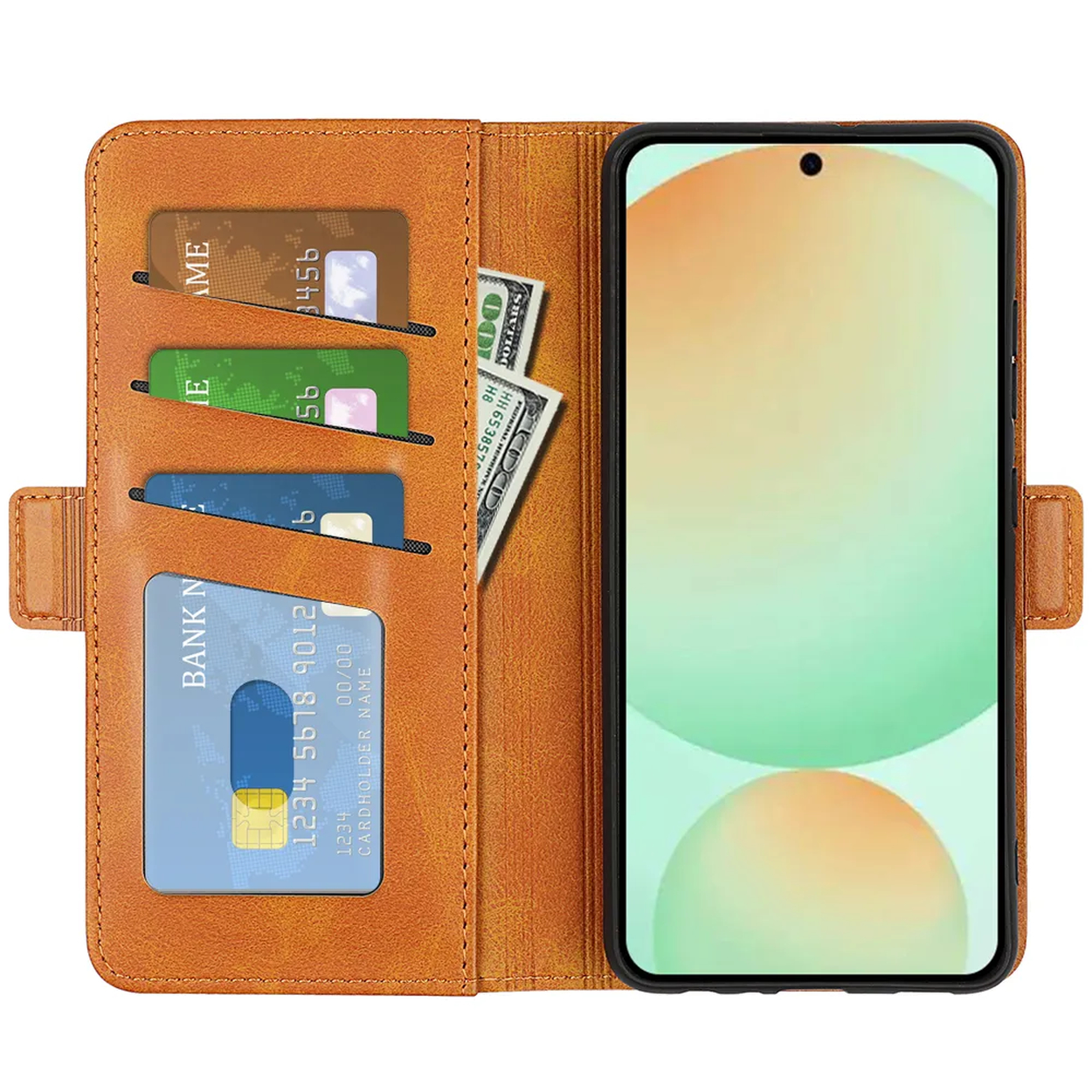 Een bruine telefoonhoes met een telefoon erin, met kaarten en biljetten. Het telefoonscherm toont groene en witte cirkels.