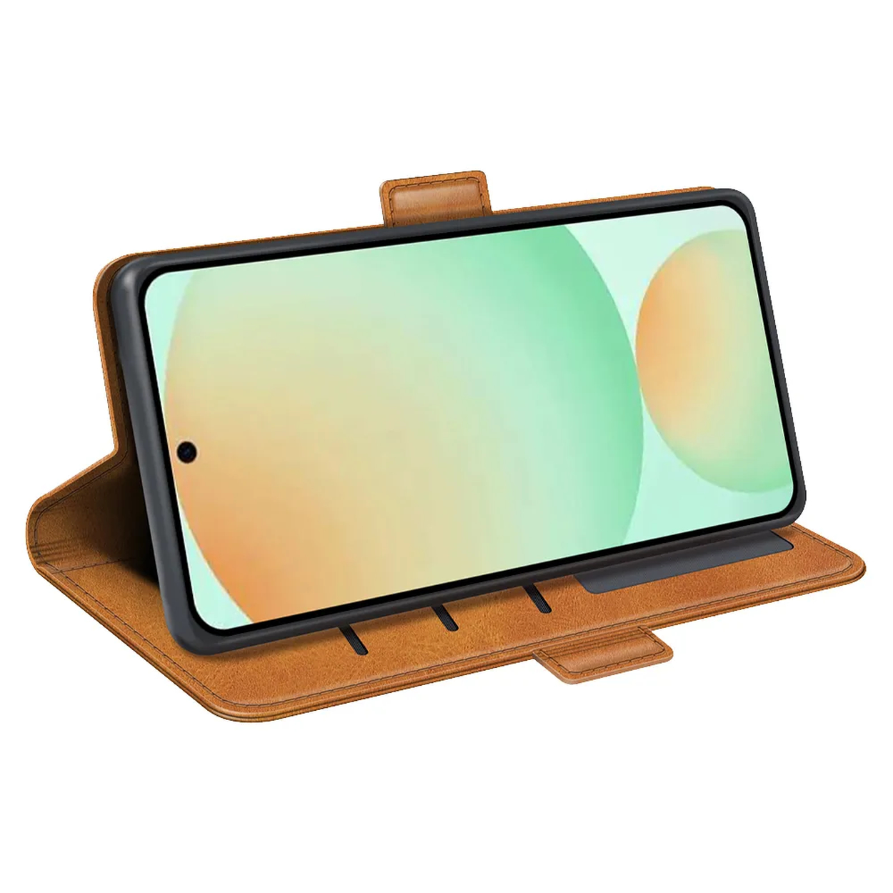 Een bruine leren telefoonhoes met een telefoon erin. Het scherm toont een lichtgroene en oranje achtergrond. De hoes is open, met een telefoon.