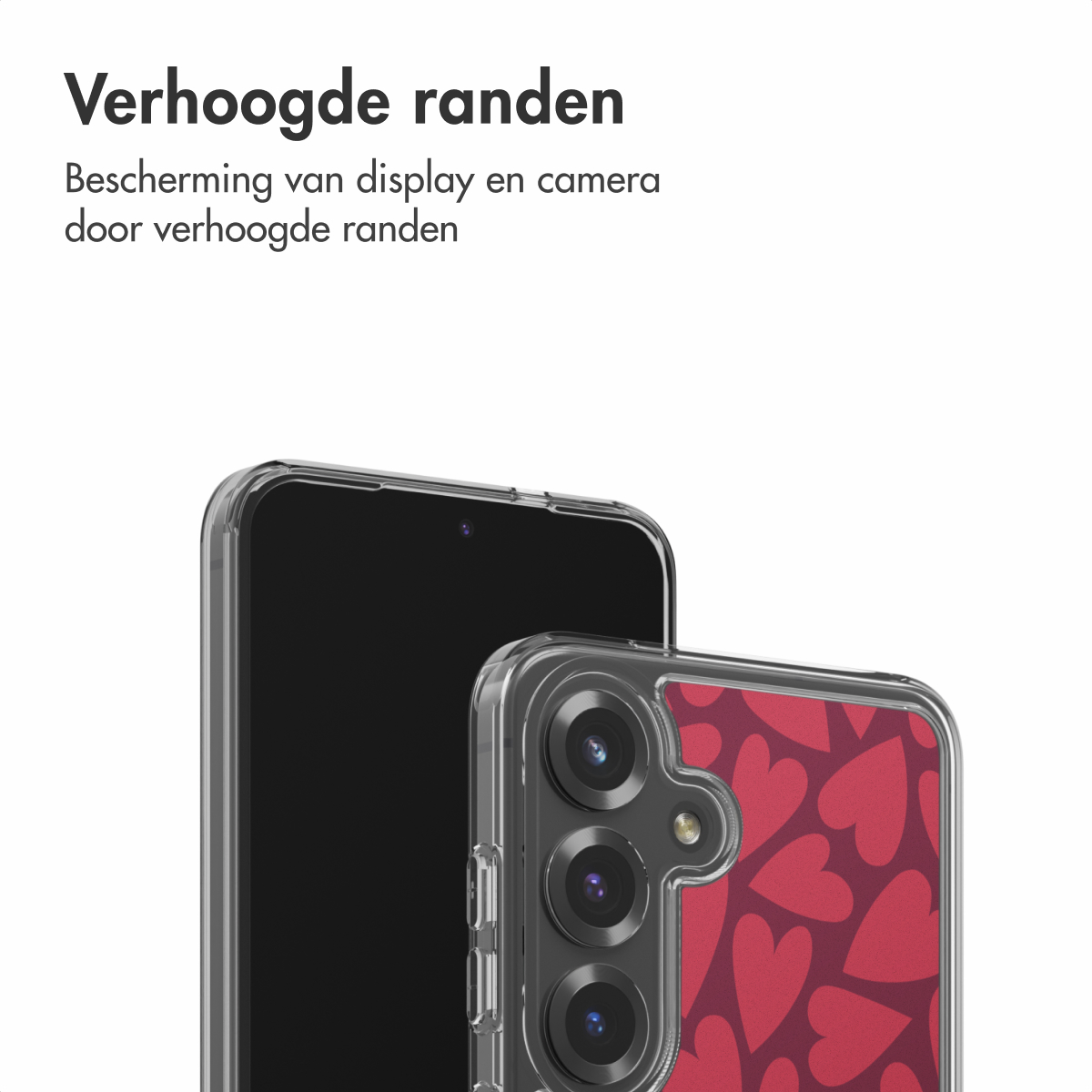 Twee smartphones, één met zwart scherm, de andere met rode hartjes-patroonhoes. De hoesjes hebben verhoogde randen.