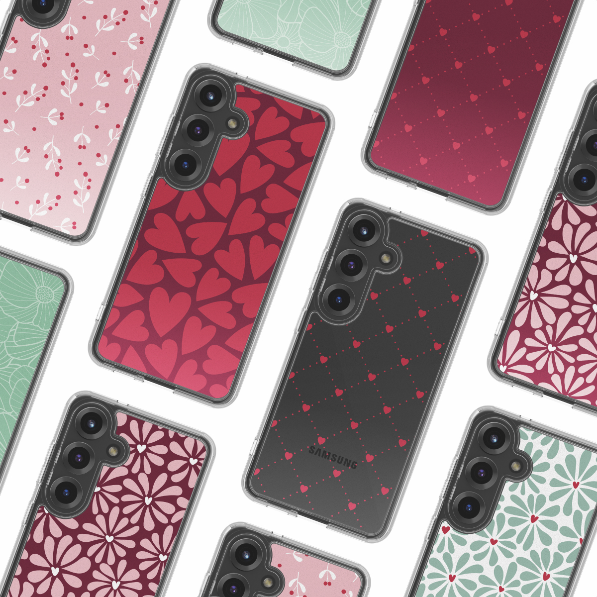 Verschillende telefoonhoesjes met hart-, bloemen- en stippenpatronen. Hoesjes zijn roze, rood en zwart. Samsung-logo is zichtbaar.