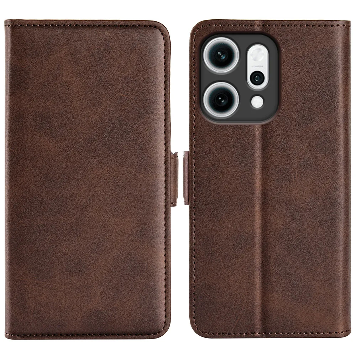 Étui de téléphone en cuir marron, ouvert. Le côté gauche est fermé, le côté droit maintient le téléphone. Possède des découpes pour l'appareil photo et un fermoir magnétique.