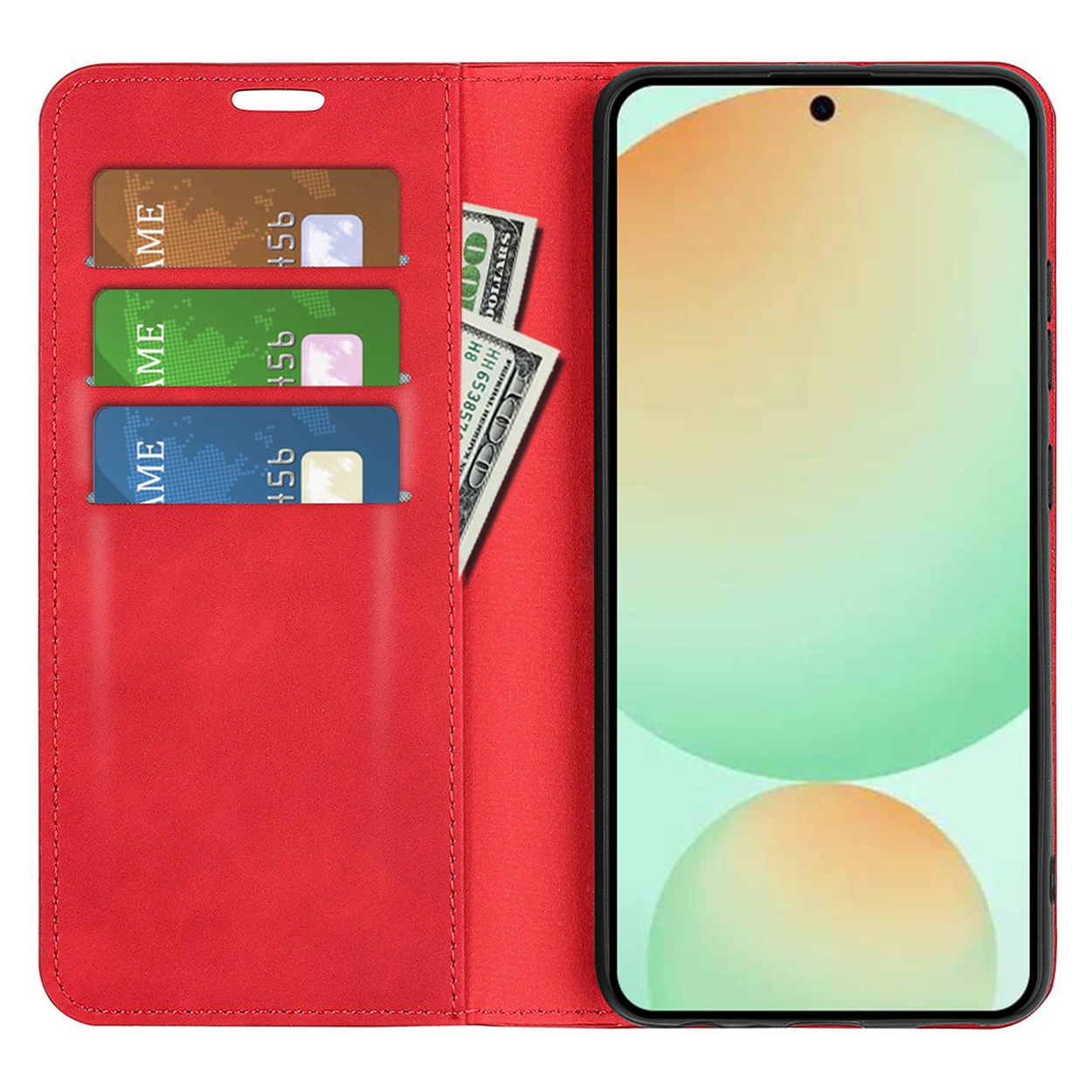 Étui de téléphone rouge avec téléphone. Cartes et argent à l'intérieur. Écran vert clair et jaune.