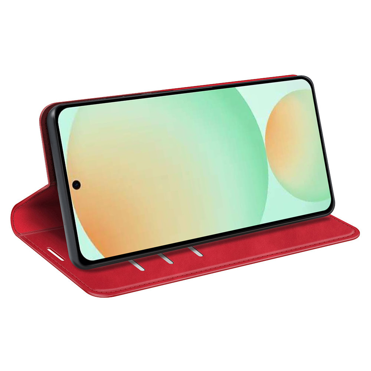 Un étui de téléphone rouge avec un téléphone à l'intérieur. L'écran du téléphone affiche des cercles verts et jaunes. L'étui est ouvert et debout.