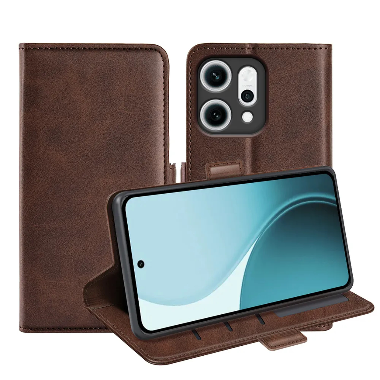 Étui de téléphone en cuir marron. Un téléphone est dans l'étui, affichant un écran bleu et blanc.