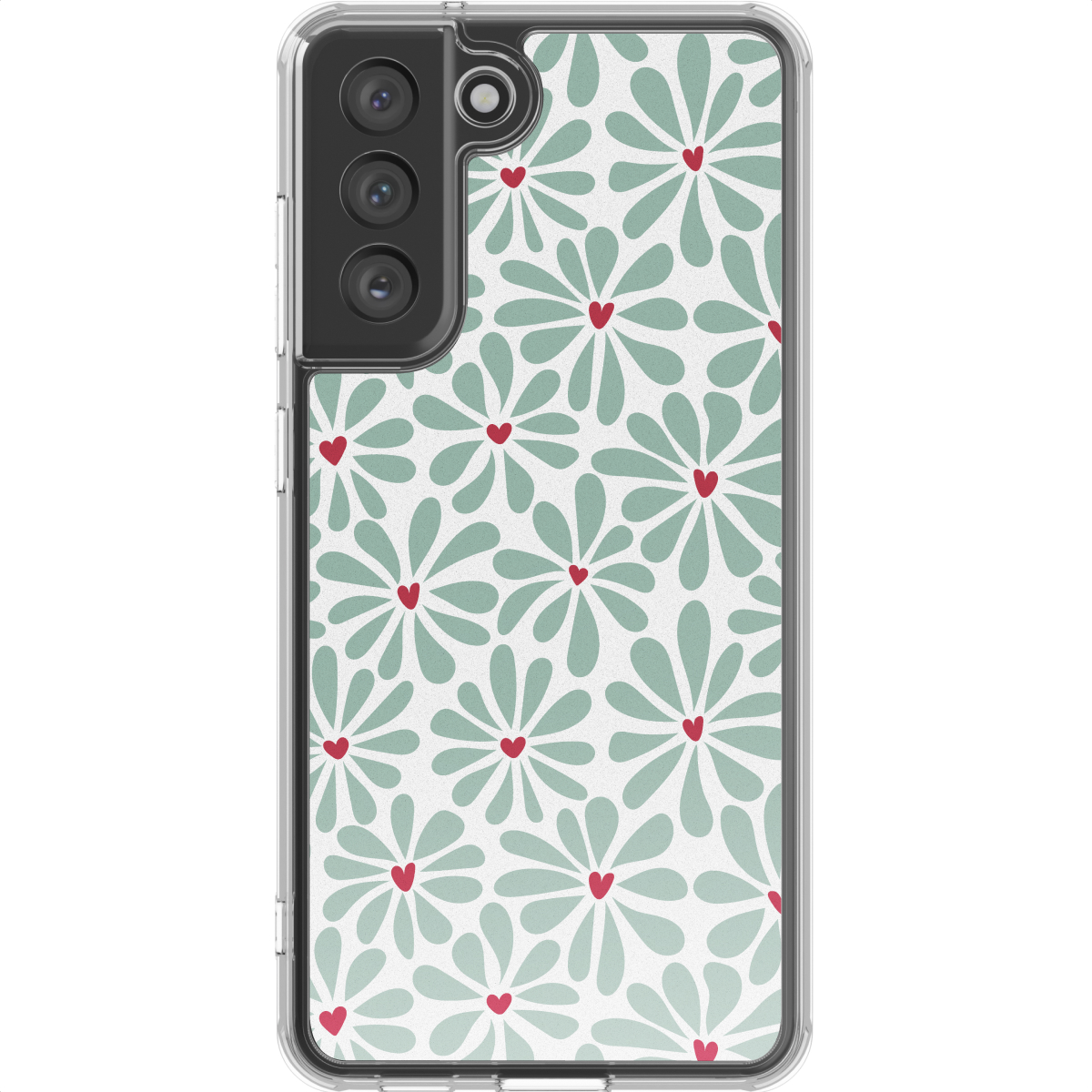 Custodia trasparente con motivo floreale. Fiori verde chiaro con cuori rossi coprono uno sfondo bianco.