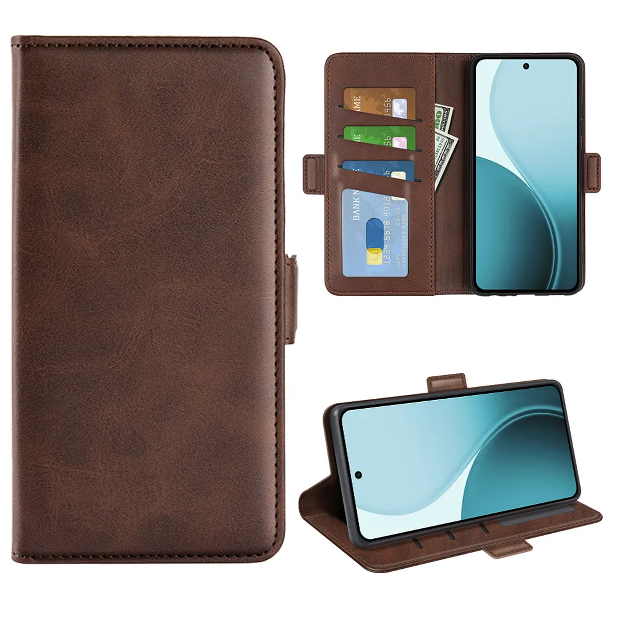 Étui de téléphone en cuir marron avec téléphone, cartes de crédit et espèces. Le téléphone est ouvert sur une surface.