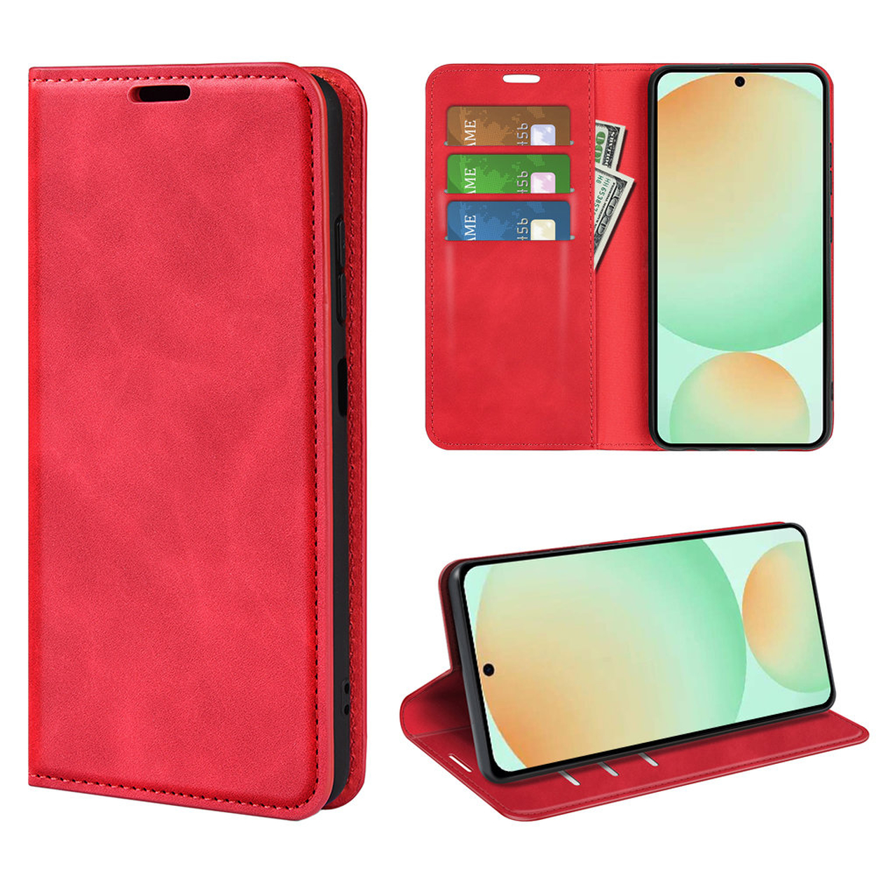 Étui de téléphone rouge ouvert et fermé. Affiche téléphone, cartes et argent. Affiche le téléphone en mode paysage. Matériau en cuir rouge.