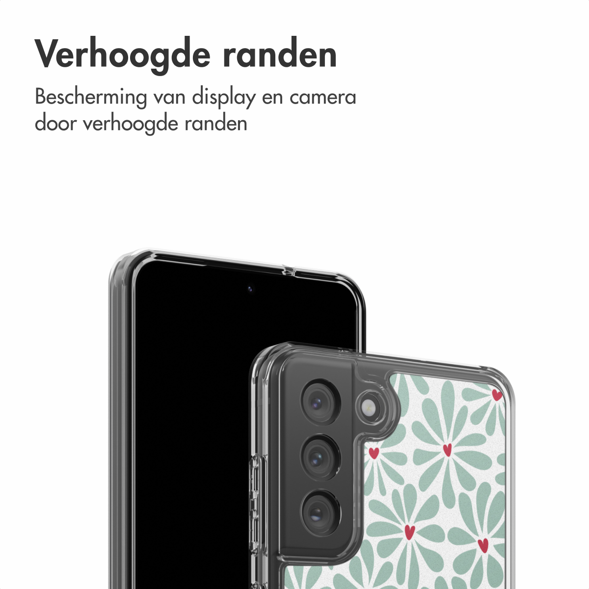 Sono in mostra uno smartphone e una custodia. La custodia ha un design floreale con petali verdi e cuori rossi. Il telefono è nero.