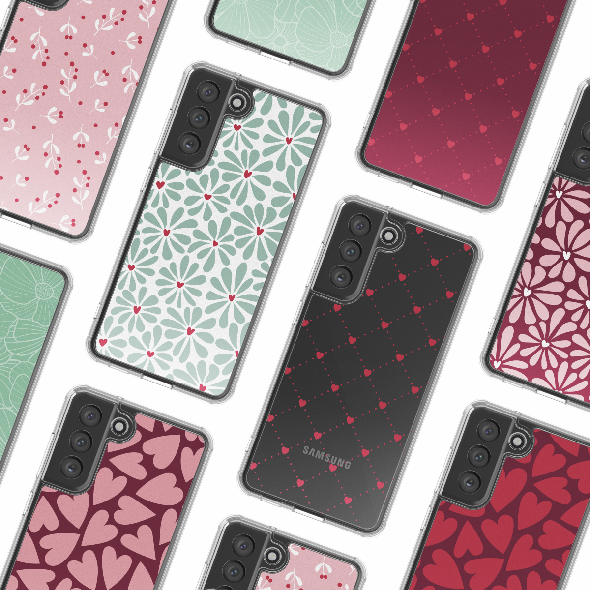 Più telefoni con custodie. I design includono motivi floreali, cuori e punti. Le custodie utilizzano colori rosso, rosa e verde. Si vede un logo Samsung.