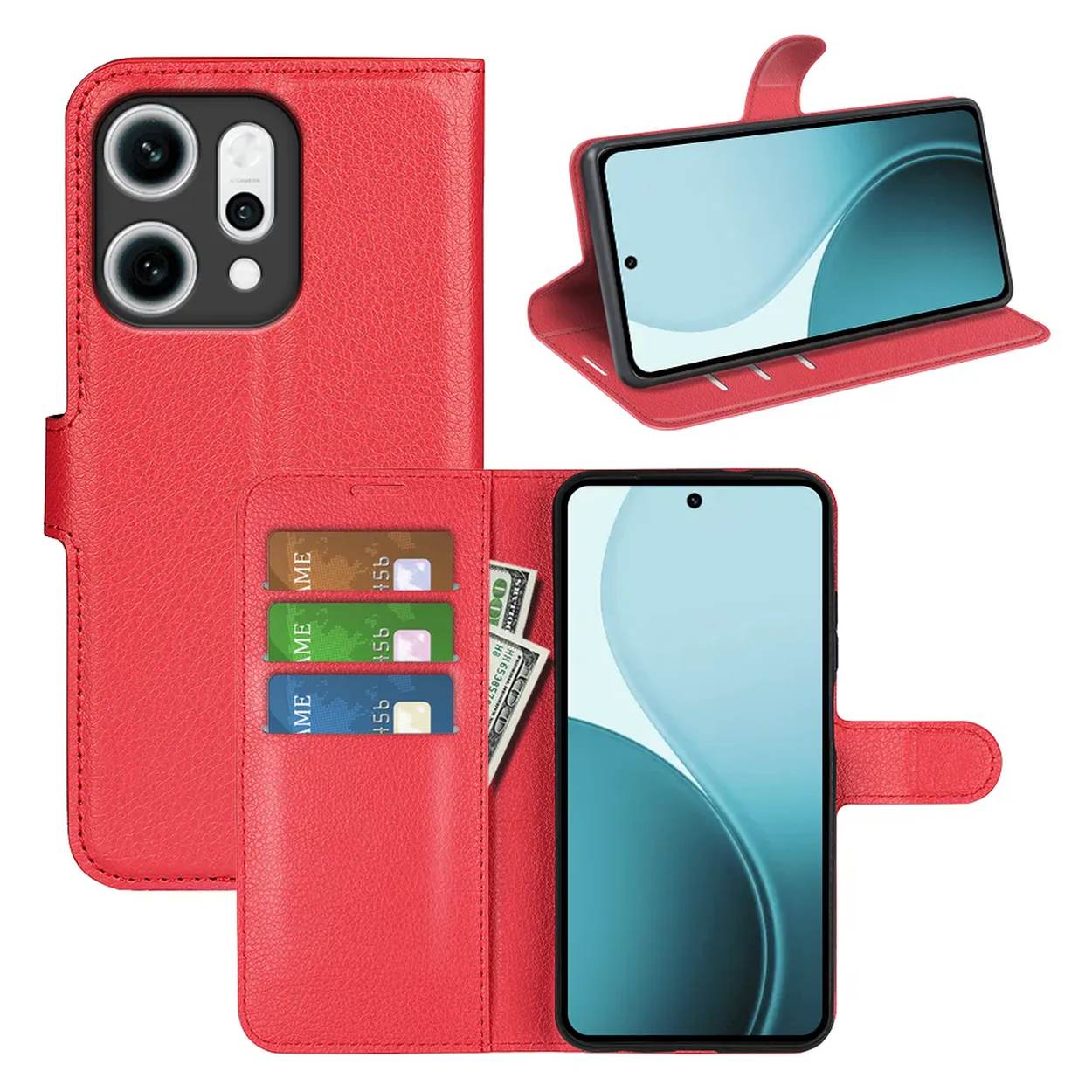 Rode telefoonhoes met drie telefoons, open om schermen, creditcards en geld te tonen. Camera-uitsparing is zichtbaar.