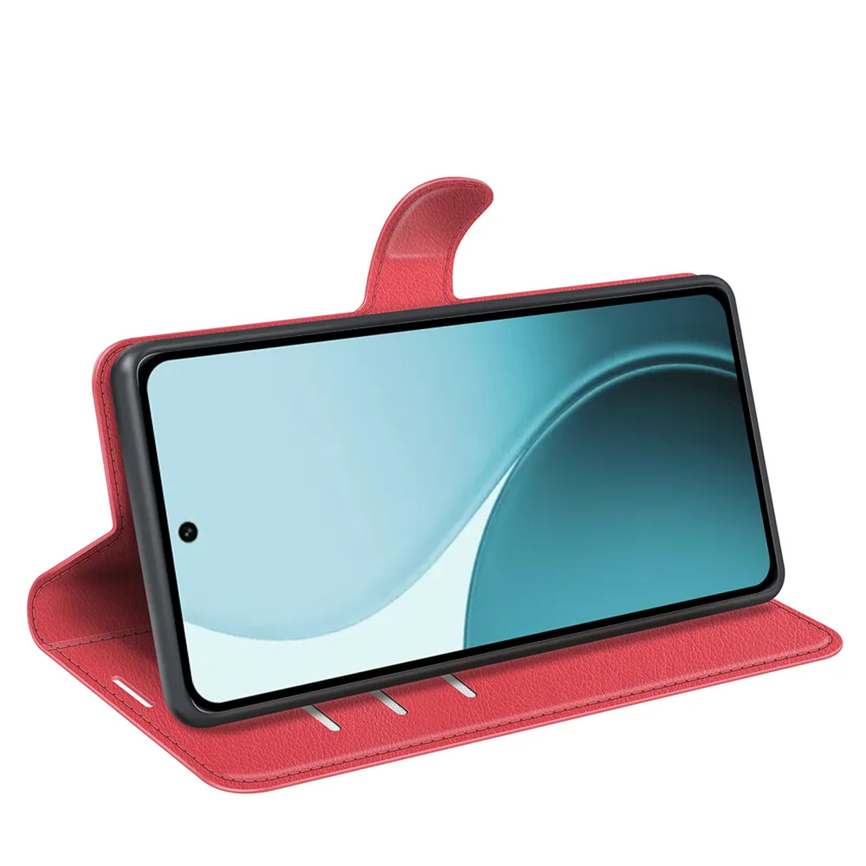 Rode telefoonhoes met smartphone erin. Het scherm toont een blauw en wit ontwerp. De hoes is open, de achtergrond is wit.