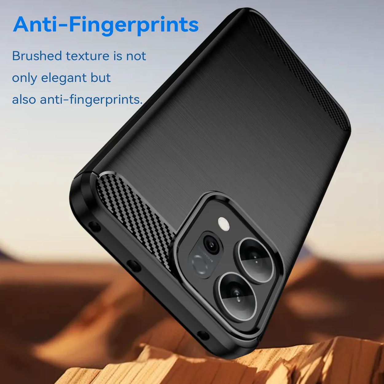 Coque de téléphone noire avec texture brossée, anti-traces de doigts. Le texte dit 'Anti-Fingerprints'. La caméra du téléphone est visible.