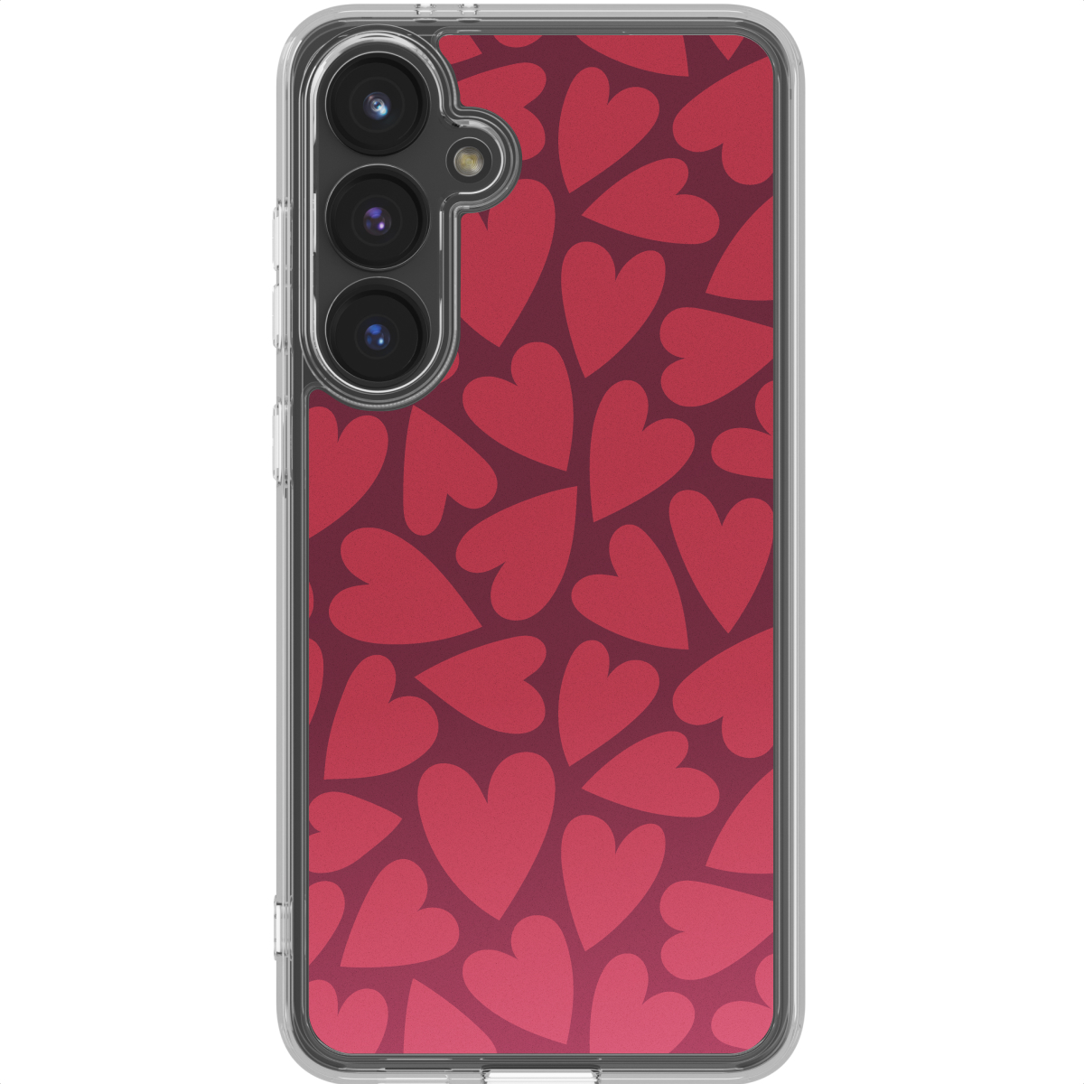 Een telefoon met een hoesje met een patroon van rode harten op een bordeauxrode achtergrond. De telefoon heeft een camera.