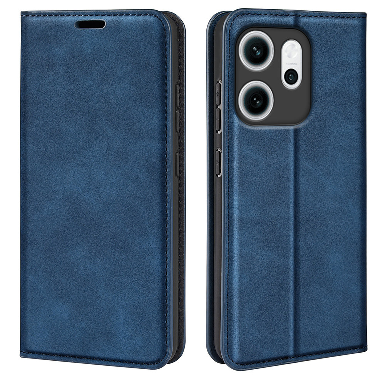 Een blauwe telefoonhoes, open en dicht, met de camera van de telefoon. De hoes is leerachtig met stiksels rond de randen.