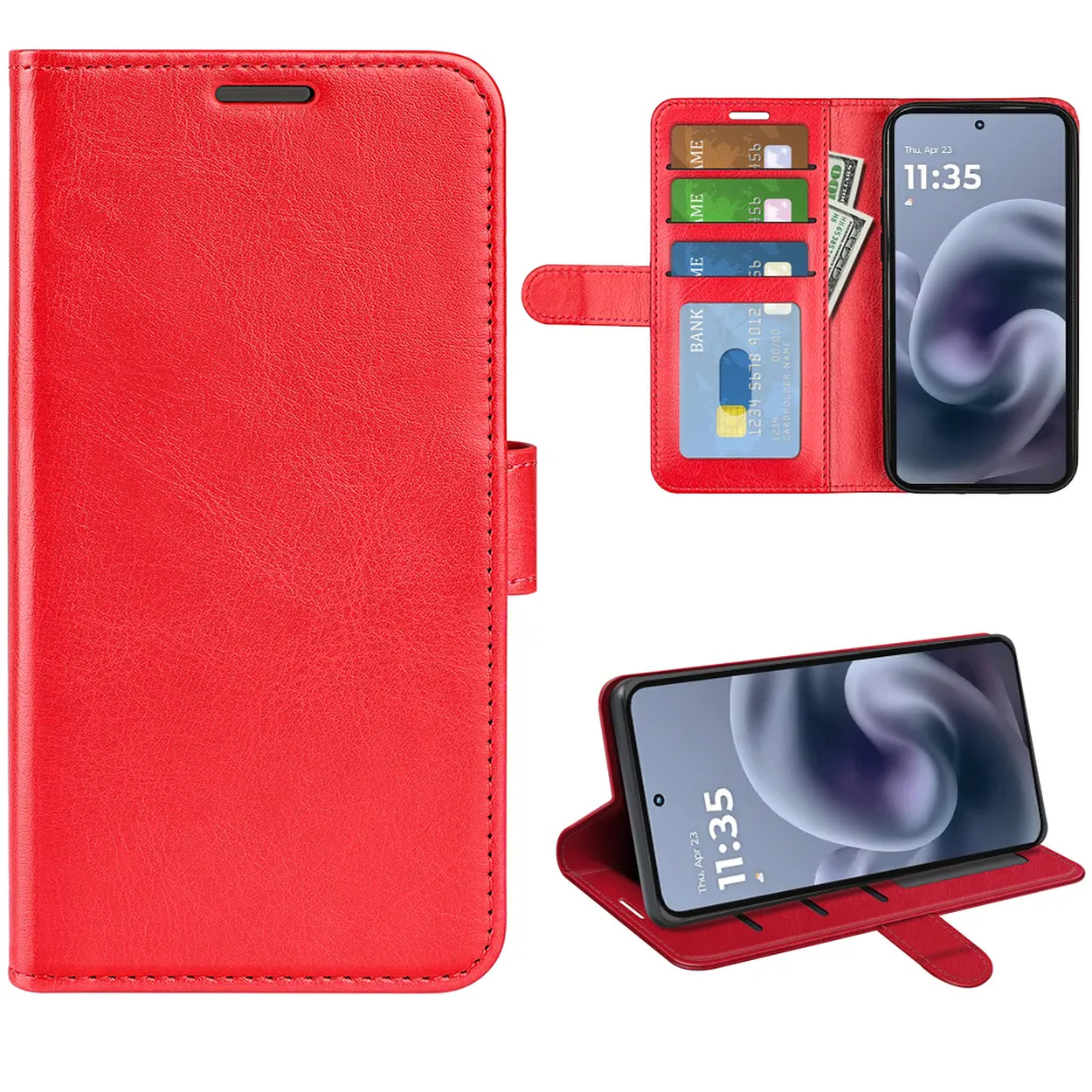 Un étui de téléphone rouge avec un téléphone à l'intérieur, des cartes de crédit et de l'argent liquide. Le téléphone affiche l'heure. L'étui est ouvert et fermé dans différentes vues.
